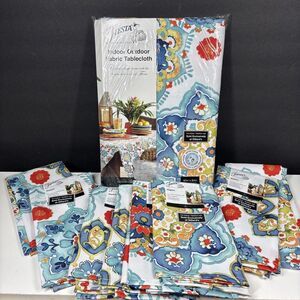 Fiesta Tablecloth Indoor Outdoor Blue Turquoise Red 60" x 84" Oblong 8 Napkins